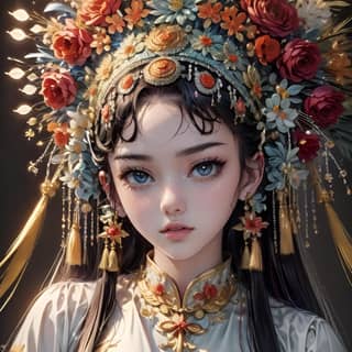 Uma mulher chinesa usando um toucado tradicional.