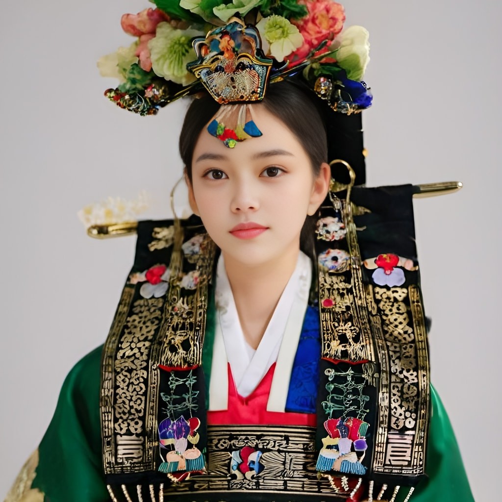 in traditional hanbok costume