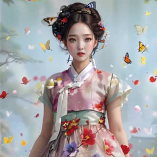 woman in a traditional korean dress surrounded by butterflies