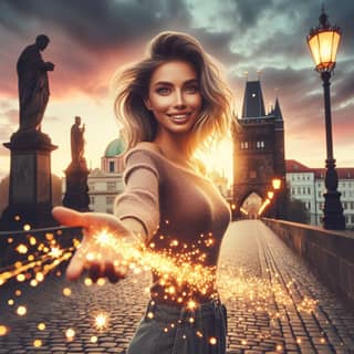 beautiful woman holding sparklers in front of prague castle