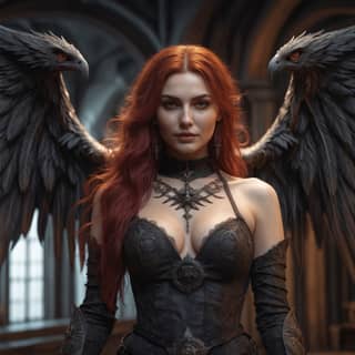 red haired woman with wings