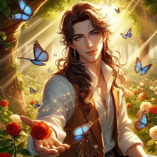 with long hair and butterflies in the forest