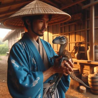 Une personne dans un kimono tenant un dinosaure.