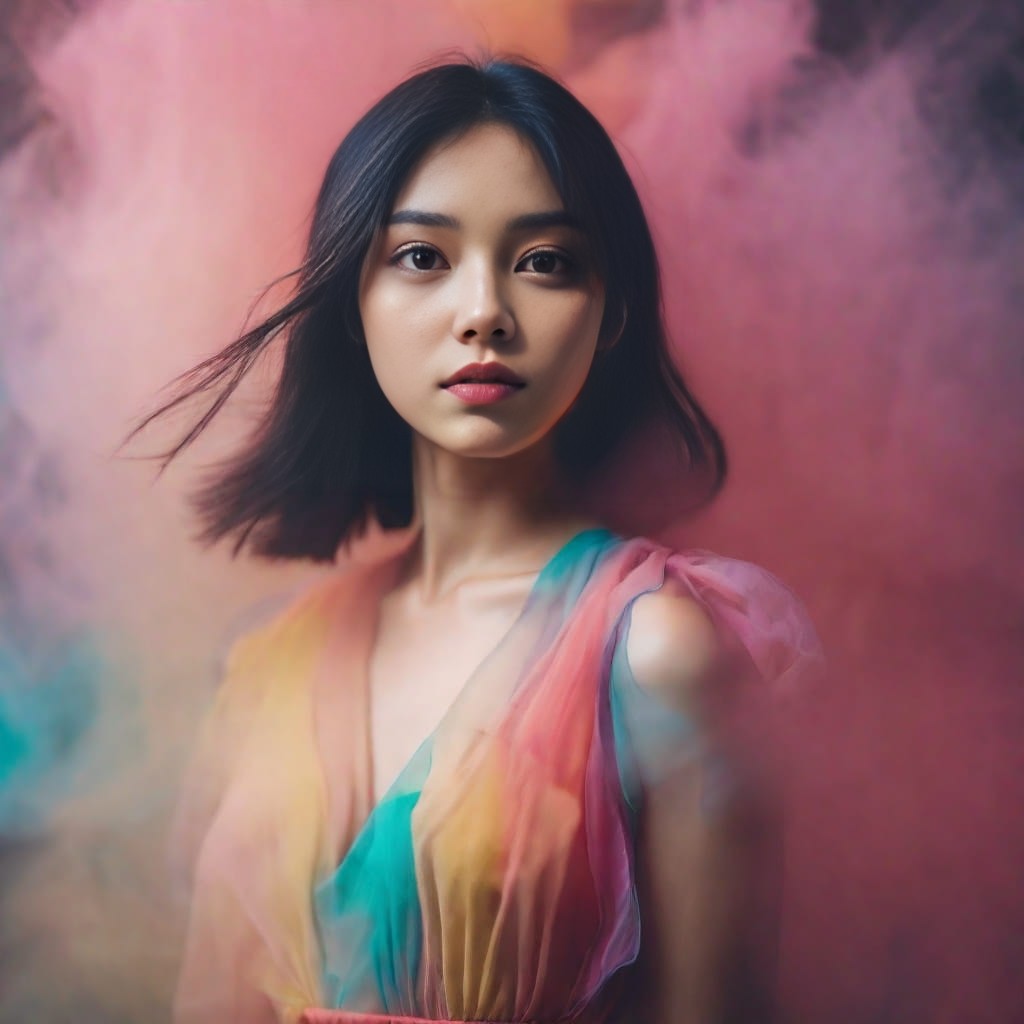 in a colorful dress standing in a cloud of smoke