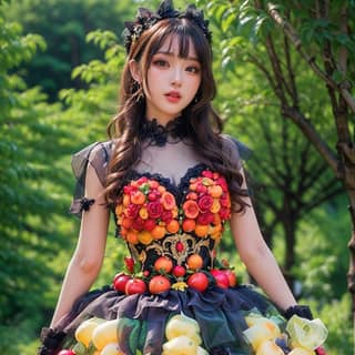 a girl in a dress made out of fruit