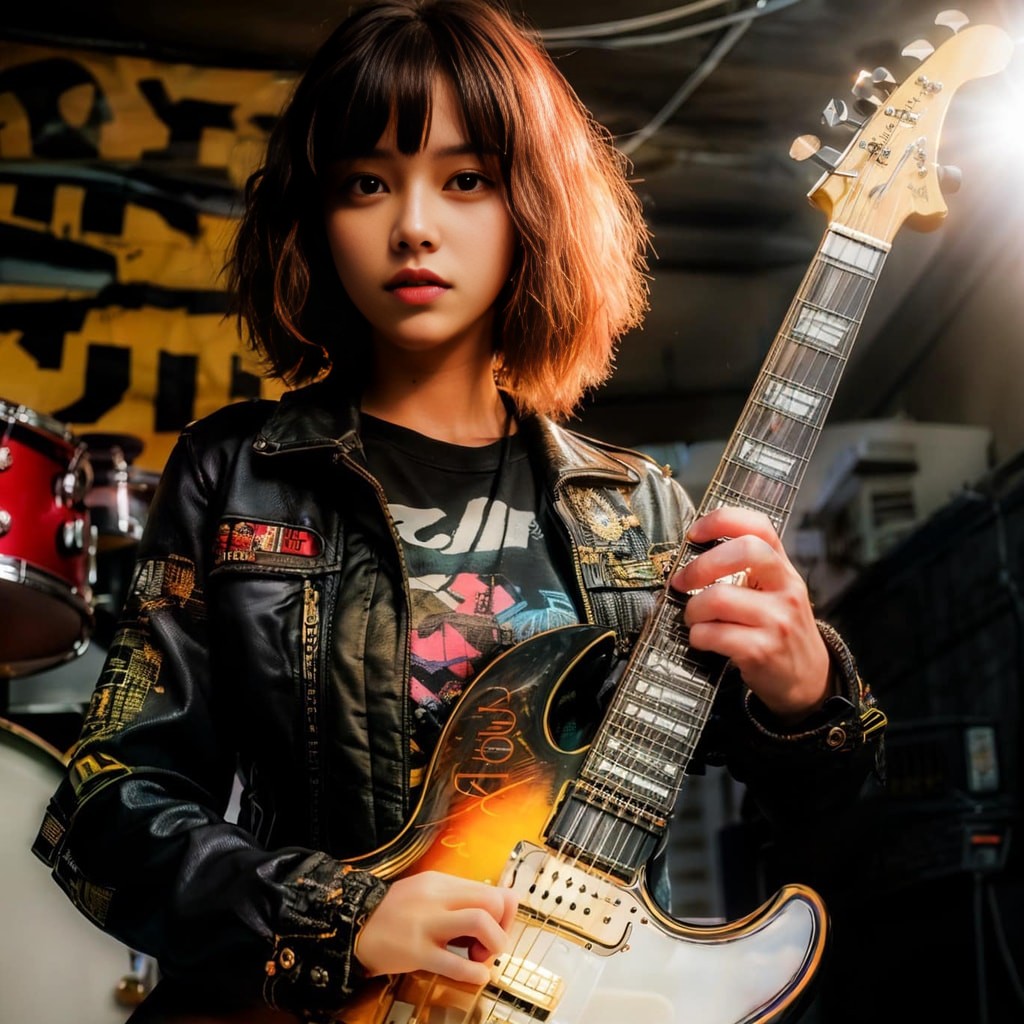 holding an electric guitar in a garage