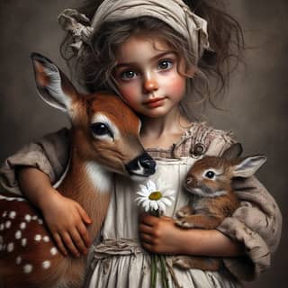 a little girl holding a deer and a rabbit