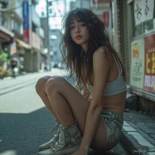 in shorts sitting on the street