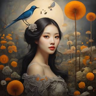 woman with a blue bird on her shoulder