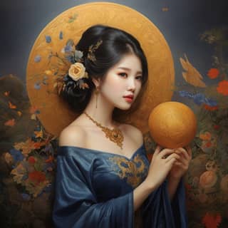 woman in blue dress holding a golden ball