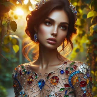 beautiful woman in a colorful dress with jewels