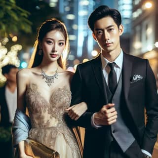 couple in formal attire standing in the street