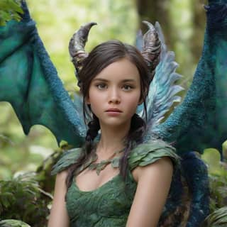 girl with horns and wings in the woods