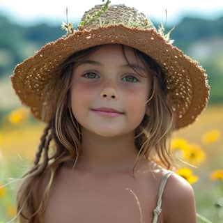 a little girl in a straw hat in a field of sunflowers