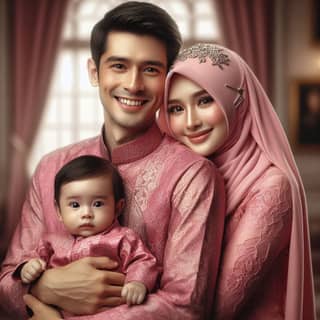 Sebuah pasangan dengan bayi mereka berpakaian pink.