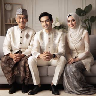 a family of three people in traditional clothing