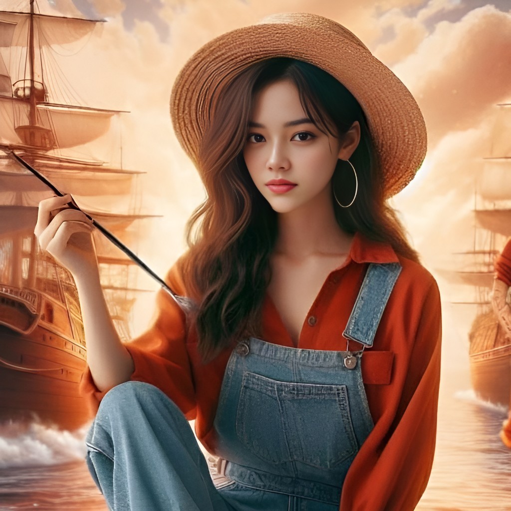 a girl in overalls and a hat sitting on a wooden floor with a pirate