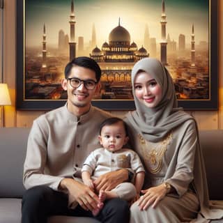 a muslim family poses for a photo in front of a mosque