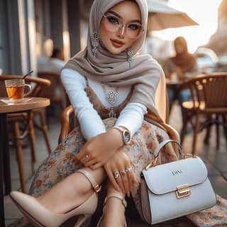 wearing a hijab sitting on a bench with a white purse