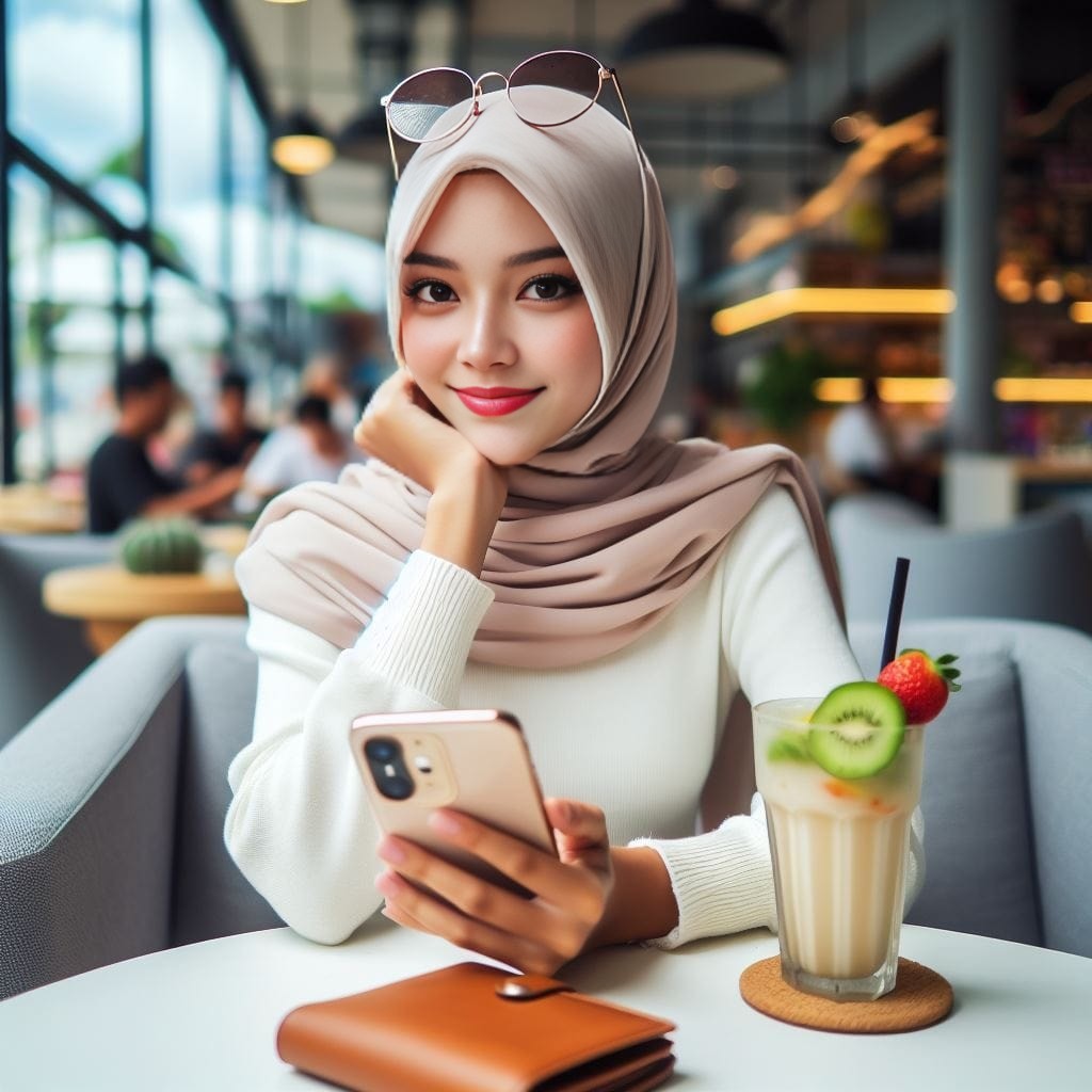 beautiful muslim woman using her smartphone in a cafe