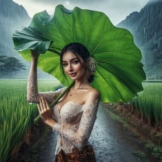 beautiful woman in traditional dress holding large green leaf