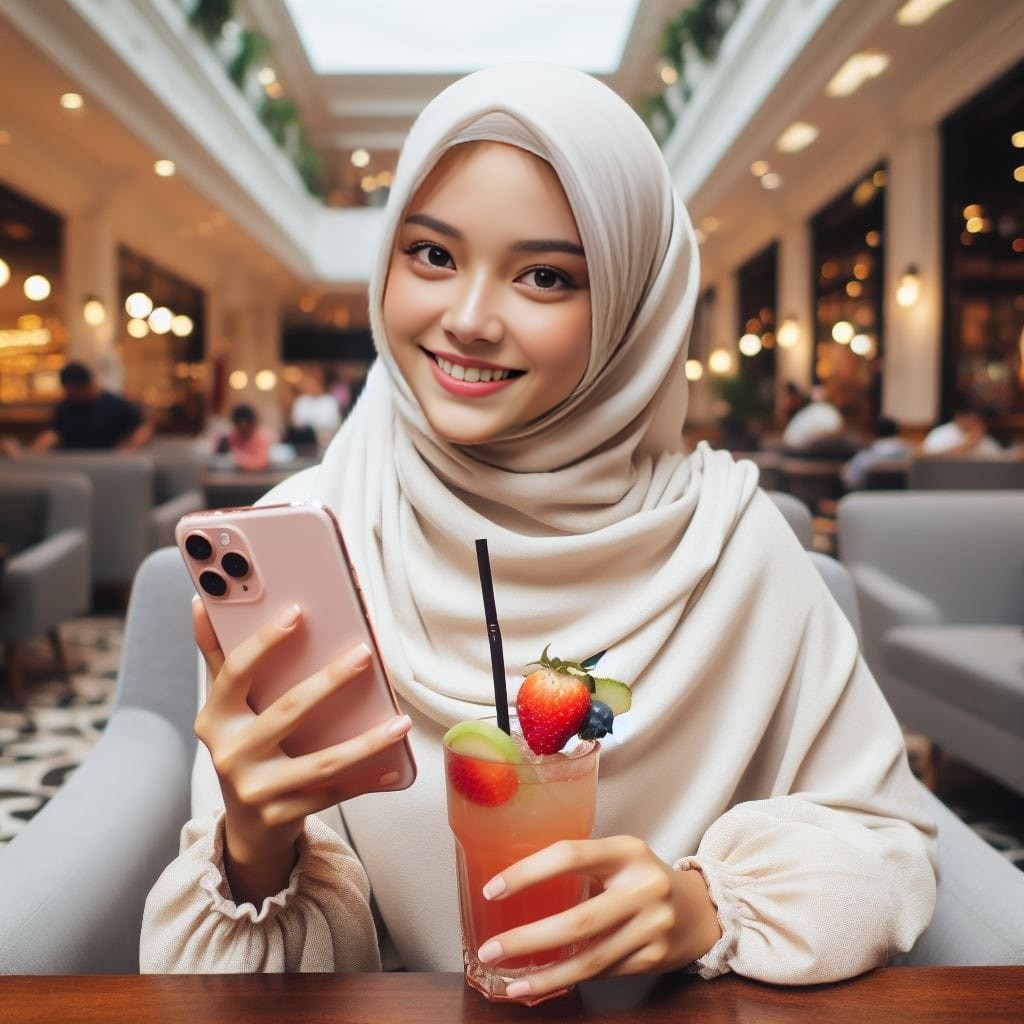 in hijab holding a drink and smiling