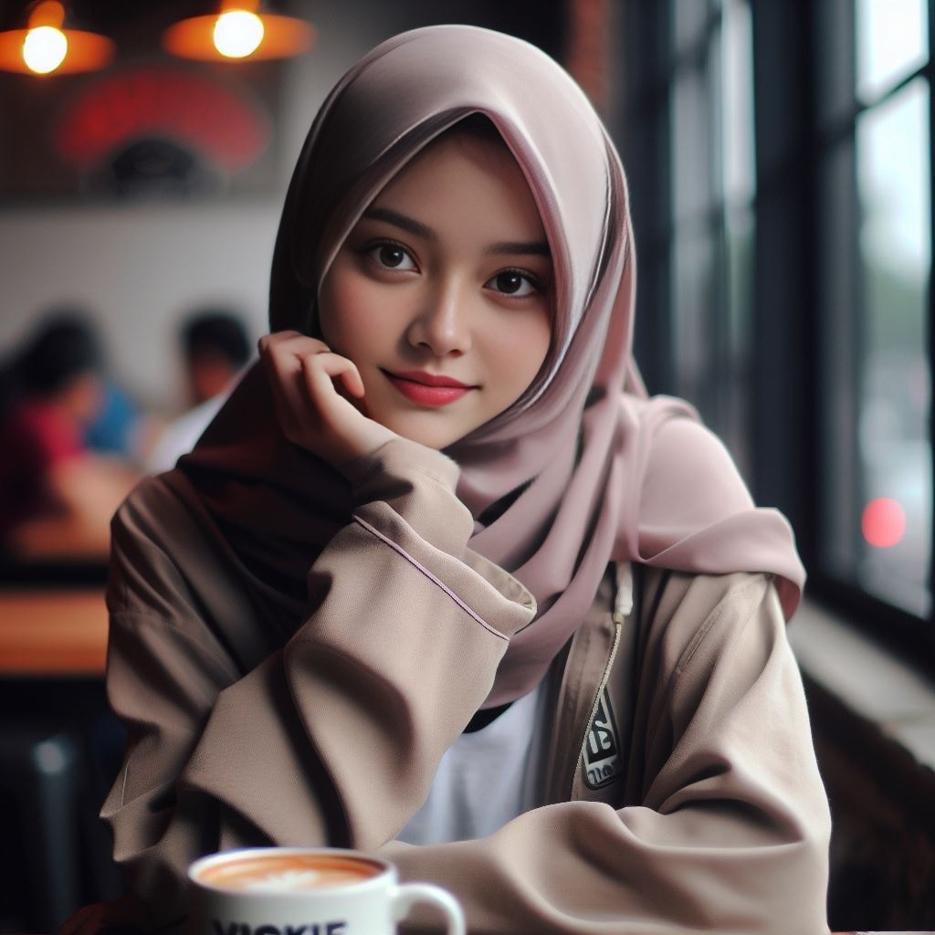 in a hijab sitting at a table with a coffee