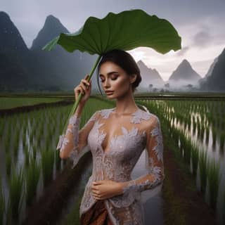 in a white dress holding an umbrella in a rice field