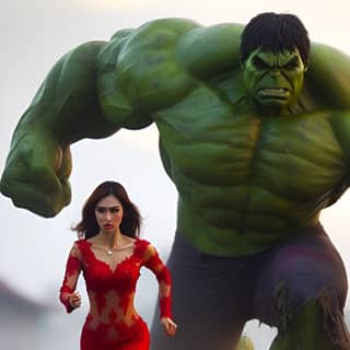 in a red dress running next to a hulk
