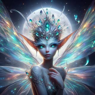 fairy with blue wings and a full moon