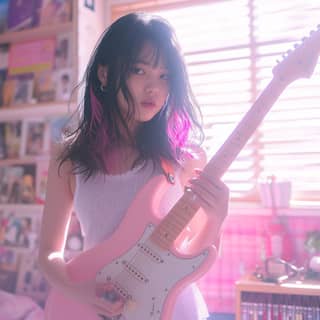 a girl with pink hair holding a pink guitar