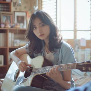 a girl playing an acoustic guitar in her room