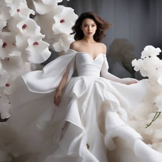 in a white wedding dress posing in front of white flowers