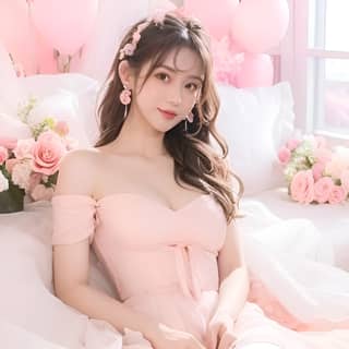 in a pink dress sitting on a bed with pink flowers