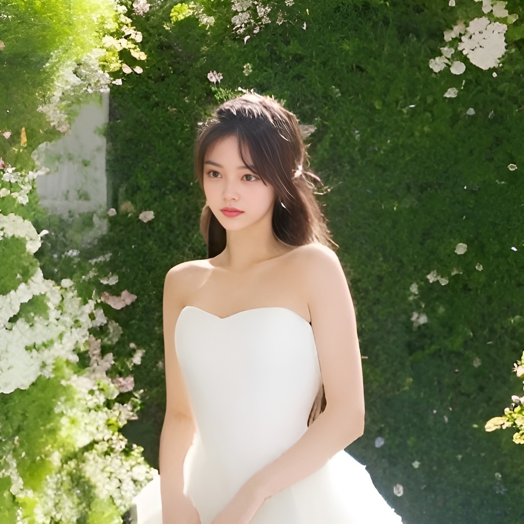 in a wedding dress posing in front of a garden