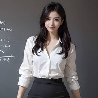 in a skirt and stockings standing in front of a blackboard