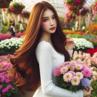 woman with long hair is holding a bunch of flowers