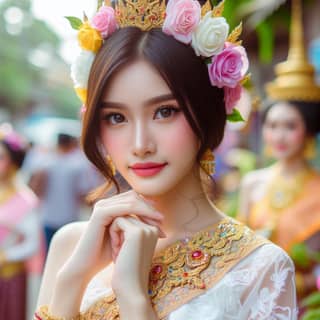 Seorang wanita Thailand cantik mengenakan pakaian tradisional dan bunga di rambutnya.