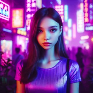 a girl in a purple dress standing in front of neon lights