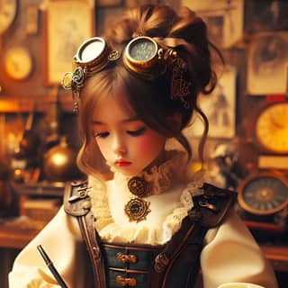 a little girl in a steampunk outfit is writing on a piece of paper