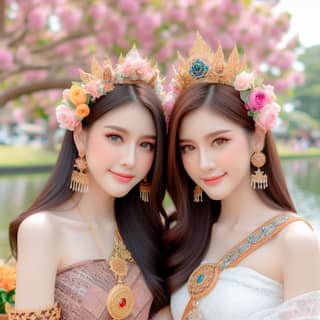 Dua wanita muda cantik dalam pakaian Thai sedang berpose.