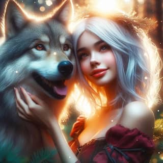 woman and a wolf in the woods