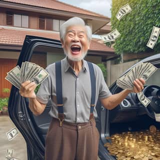 an old man holding money in his hand while standing in front of his car