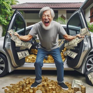 an old man with money in his car