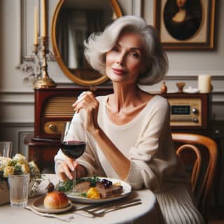 Uma mulher mais velha desfrutando de um copo de vinho em uma mesa.