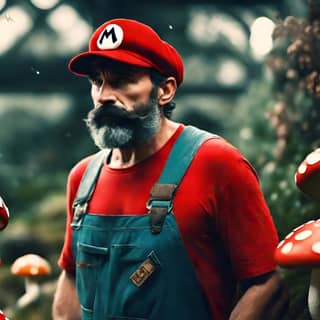 Un uomo con la barba e il cappello rosso in piedi davanti ai funghi.