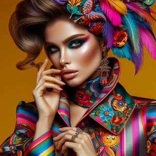 beautiful woman with colorful makeup and feathers