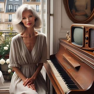 in a long dress sitting in front of a piano