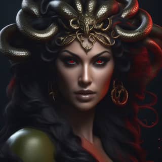 woman with a snake headdress and red eyes