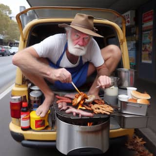 帽子をかぶったひげの男が車の中で料理をしています。